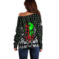 Flaming Skull Off Shoulder Sweater with Green Runes and Norse Symbols Viking Warrior Tribute - Wonder Print Shop