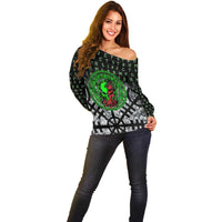 Flaming Skull Off Shoulder Sweater with Green Runes and Norse Symbols Viking Warrior Tribute - Wonder Print Shop
