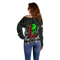 Flaming Skull Off Shoulder Sweater with Green Runes and Norse Symbols Viking Warrior Tribute - Wonder Print Shop