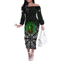 Flaming Skull Off The Shoulder Long Sleeve Dress with Green Runes and Norse Symbols Viking Warrior Tribute - Wonder Print Shop