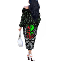 Flaming Skull Off The Shoulder Long Sleeve Dress with Green Runes and Norse Symbols Viking Warrior Tribute - Wonder Print Shop