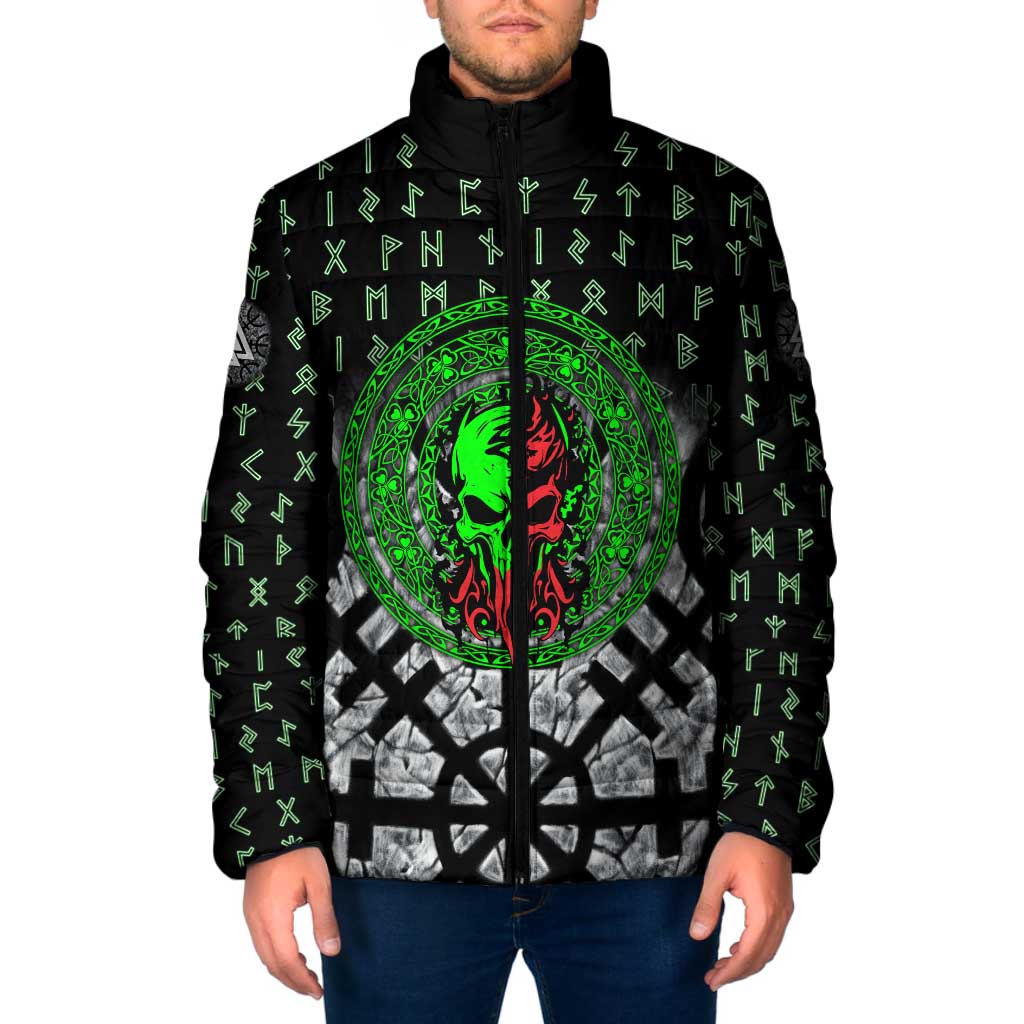 Flaming Skull Padded Jacket with Green Runes and Norse Symbols Viking Warrior Tribute - Wonder Print Shop