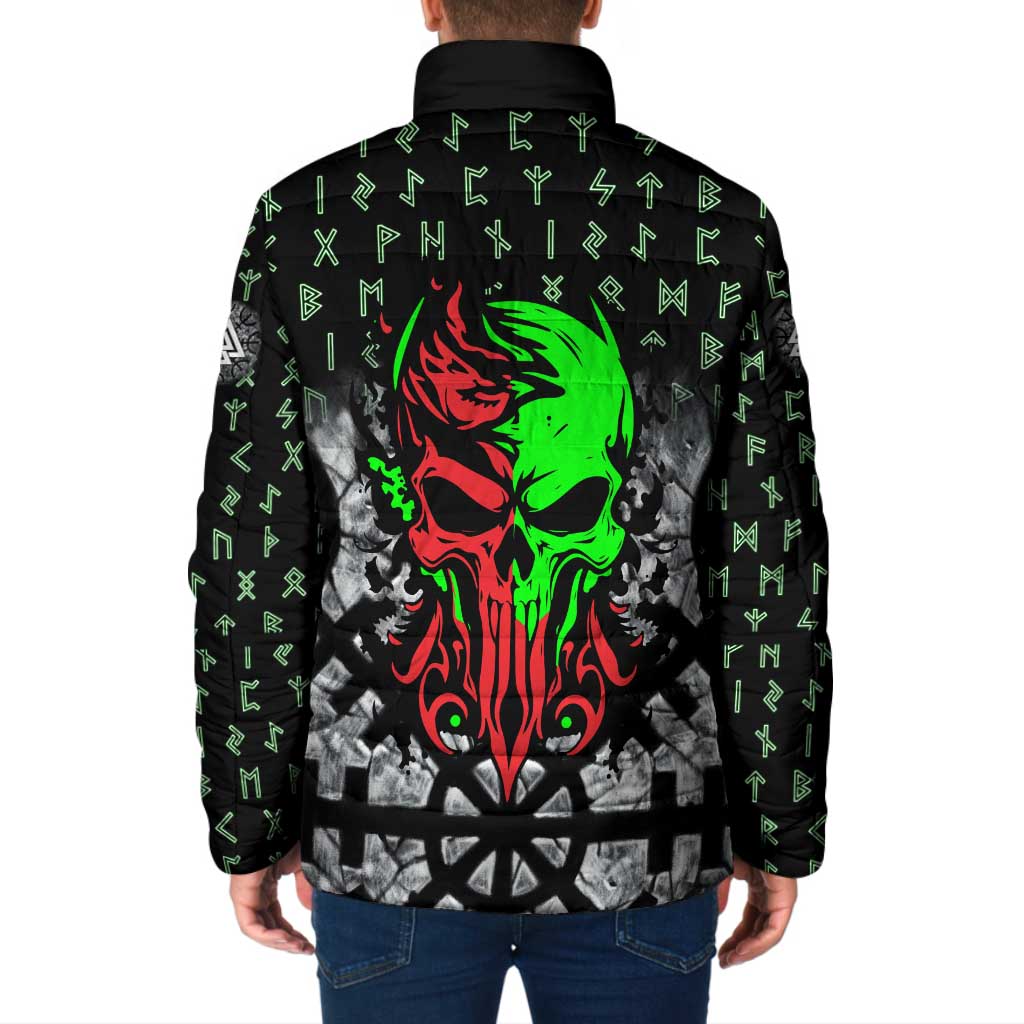 Flaming Skull Padded Jacket with Green Runes and Norse Symbols Viking Warrior Tribute - Wonder Print Shop