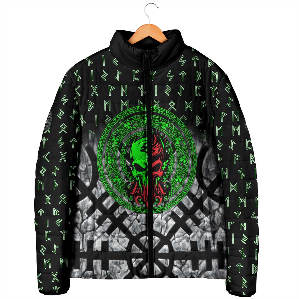 Flaming Skull Padded Jacket with Green Runes and Norse Symbols Viking Warrior Tribute - Wonder Print Shop