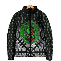 Flaming Skull Padded Jacket with Green Runes and Norse Symbols Viking Warrior Tribute - Wonder Print Shop
