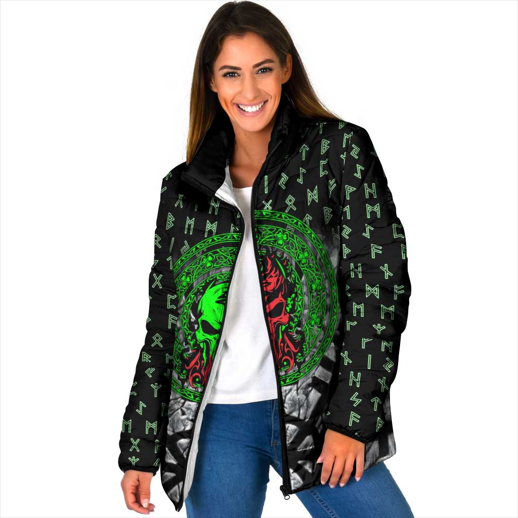 Flaming Skull Padded Jacket with Green Runes and Norse Symbols Viking Warrior Tribute - Wonder Print Shop