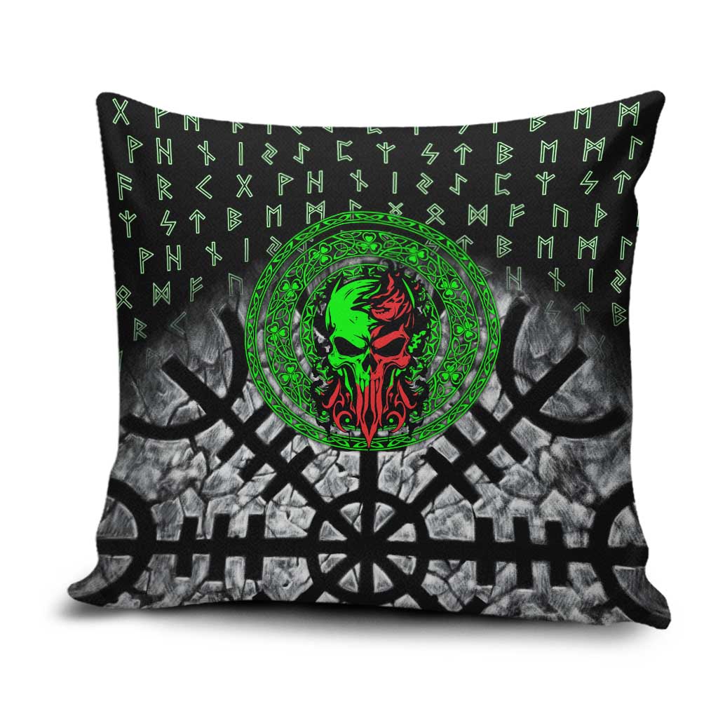 Flaming Skull Pillow Cover with Green Runes and Norse Symbols Viking Warrior Tribute - Wonder Print Shop