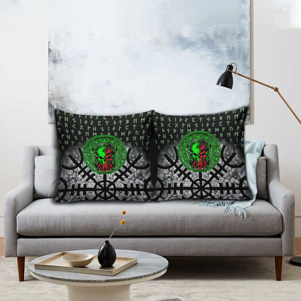 Flaming Skull Pillow Cover with Green Runes and Norse Symbols Viking Warrior Tribute - Wonder Print Shop