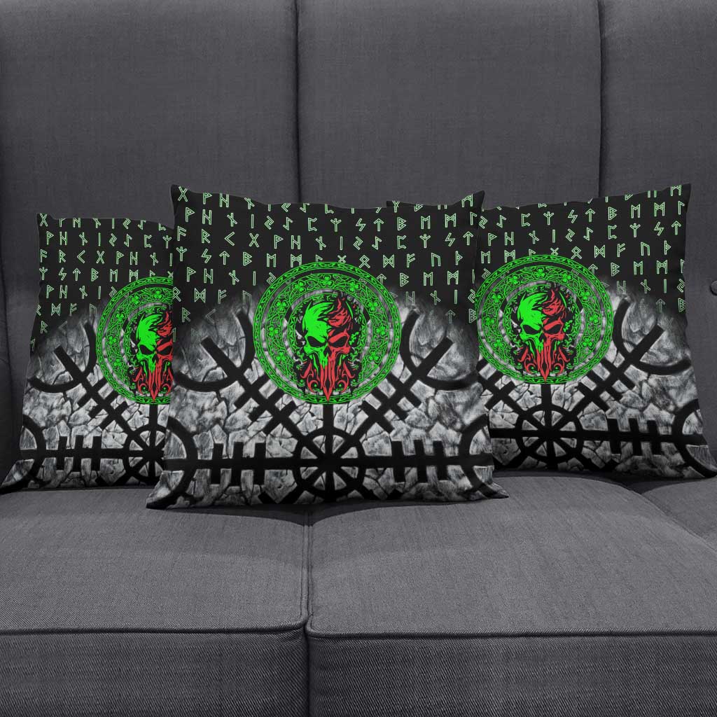 Flaming Skull Pillow Cover with Green Runes and Norse Symbols Viking Warrior Tribute - Wonder Print Shop
