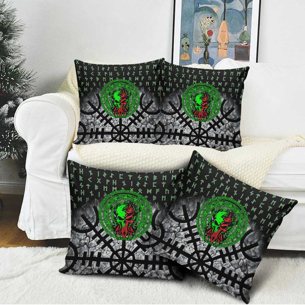 Flaming Skull Pillow Cover with Green Runes and Norse Symbols Viking Warrior Tribute - Wonder Print Shop