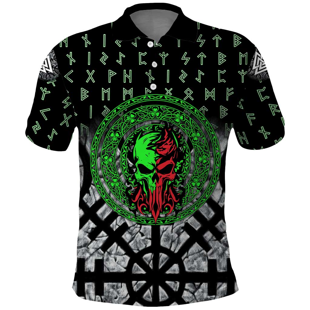 Flaming Skull Polo Shirt with Green Runes and Norse Symbols Viking Warrior Tribute - Wonder Print Shop