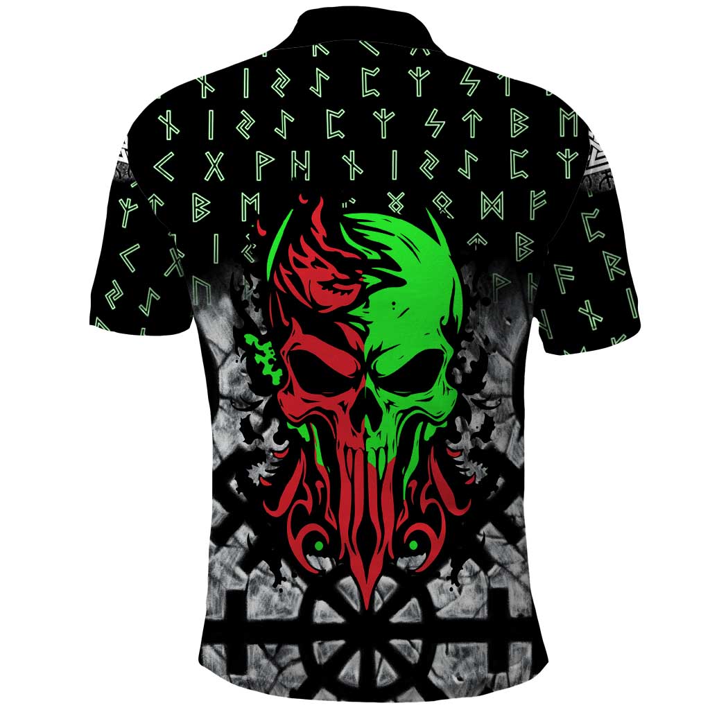 Flaming Skull Polo Shirt with Green Runes and Norse Symbols Viking Warrior Tribute - Wonder Print Shop