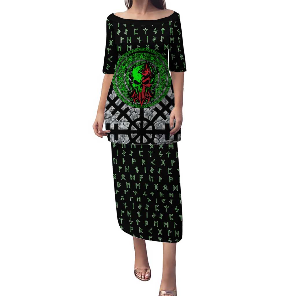Flaming Skull Puletasi with Green Runes and Norse Symbols Viking Warrior Tribute - Wonder Print Shop