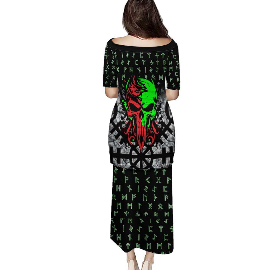 Flaming Skull Puletasi with Green Runes and Norse Symbols Viking Warrior Tribute - Wonder Print Shop