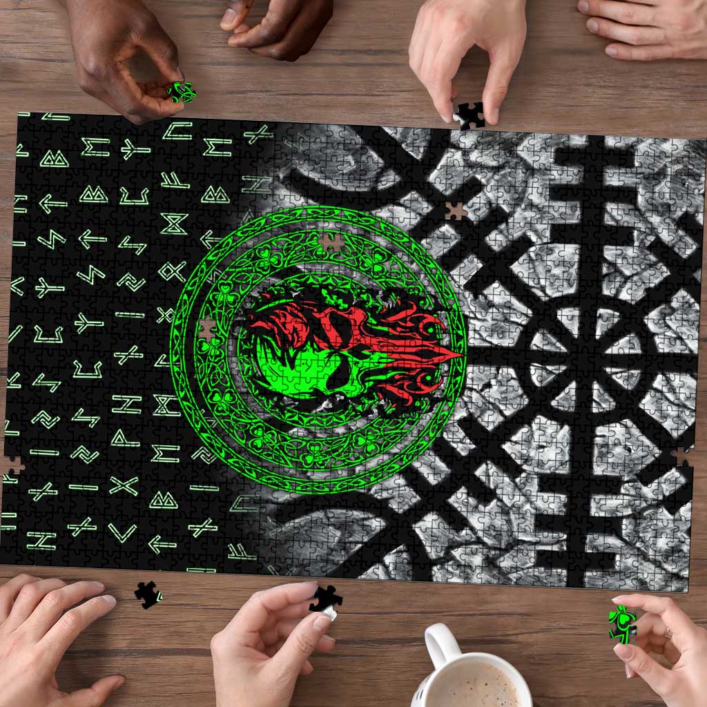 Flaming Skull Puzzle with Green Runes and Norse Symbols Viking Warrior Tribute - Wonder Print Shop
