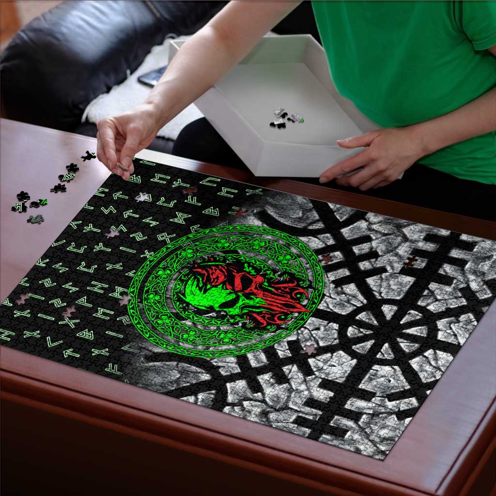 Flaming Skull Puzzle with Green Runes and Norse Symbols Viking Warrior Tribute - Wonder Print Shop