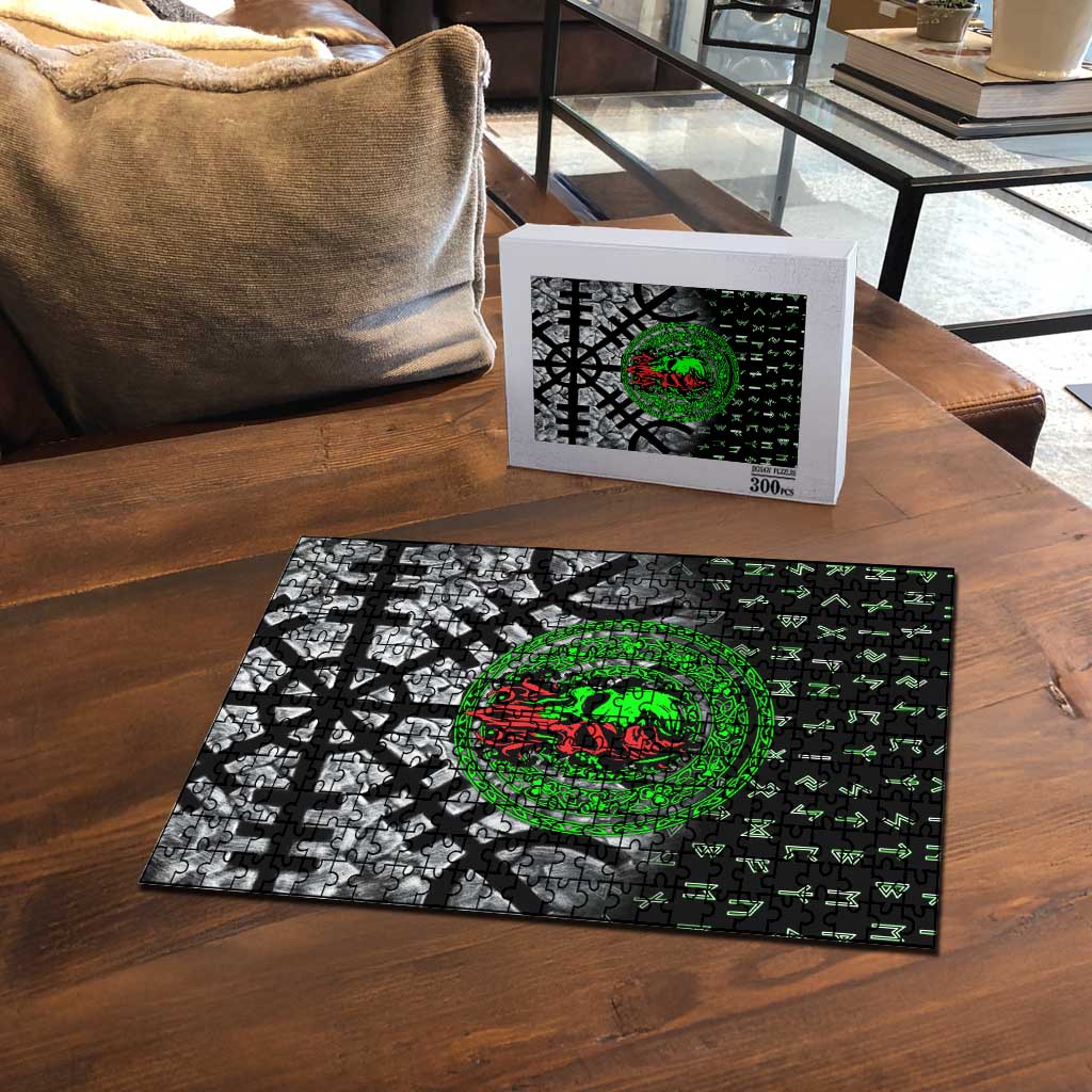 Flaming Skull Puzzle with Green Runes and Norse Symbols Viking Warrior Tribute - Wonder Print Shop