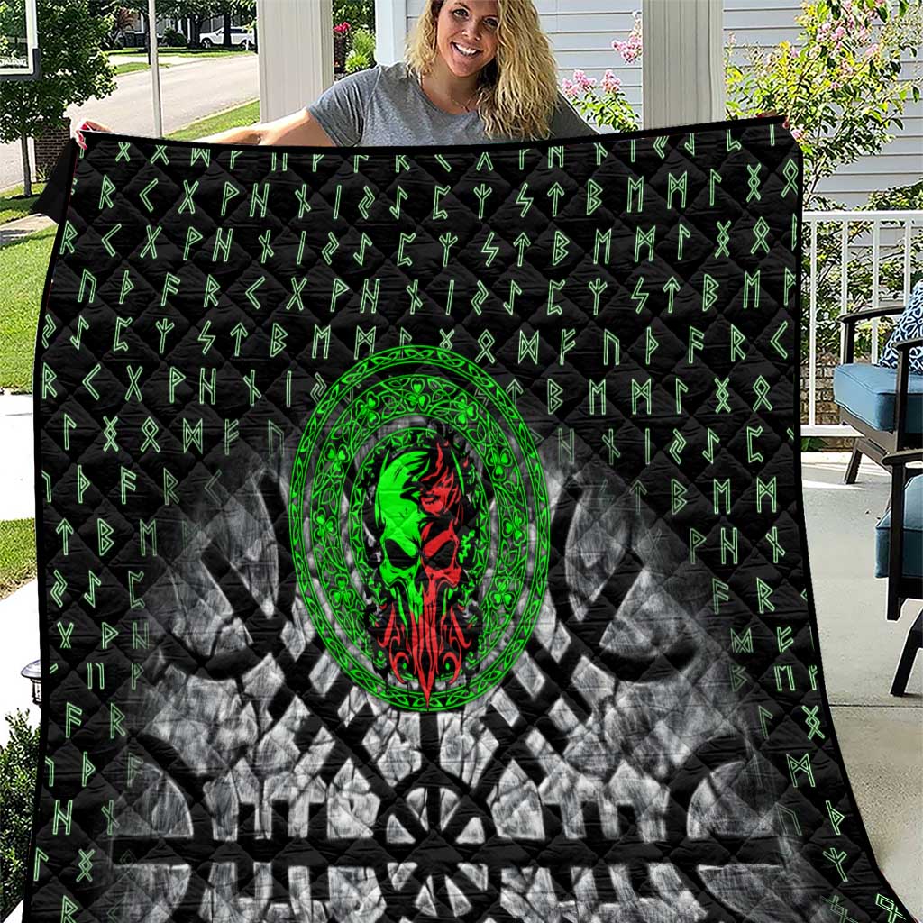 Flaming Skull Quilt with Green Runes and Norse Symbols Viking Warrior Tribute - Wonder Print Shop