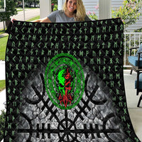 Flaming Skull Quilt with Green Runes and Norse Symbols Viking Warrior Tribute - Wonder Print Shop