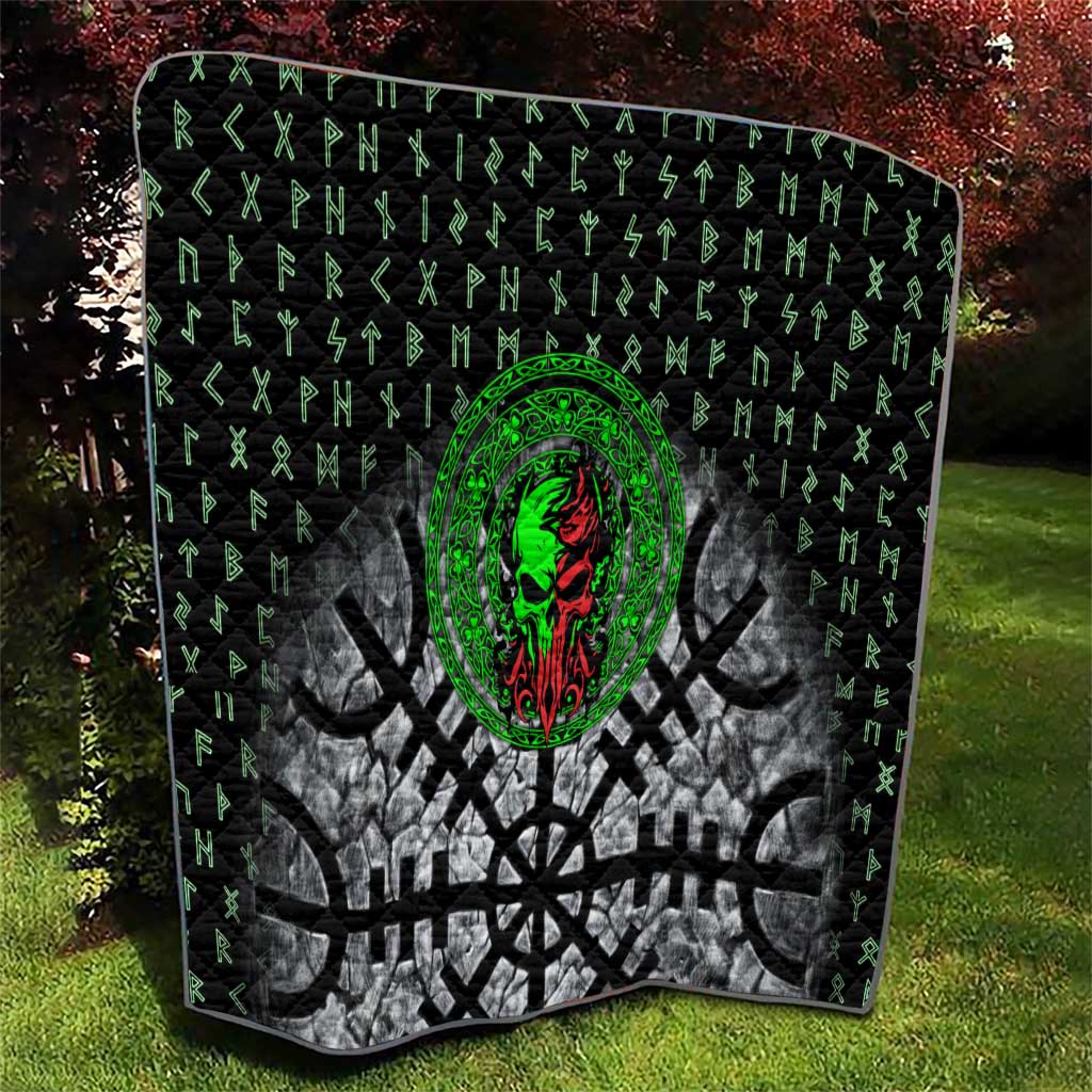 Flaming Skull Quilt with Green Runes and Norse Symbols Viking Warrior Tribute - Wonder Print Shop