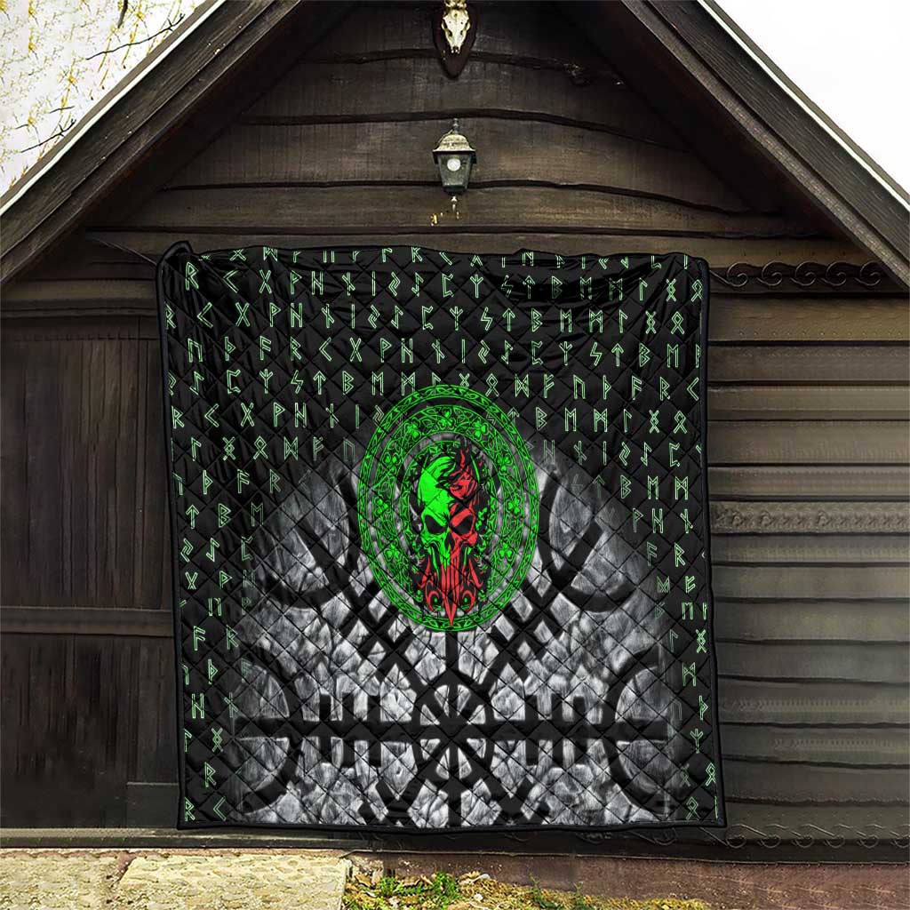 Flaming Skull Quilt with Green Runes and Norse Symbols Viking Warrior Tribute - Wonder Print Shop