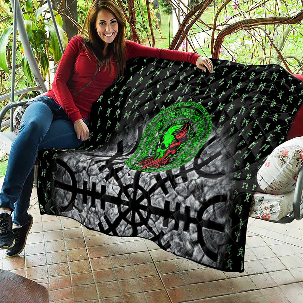 Flaming Skull Quilt with Green Runes and Norse Symbols Viking Warrior Tribute - Wonder Print Shop