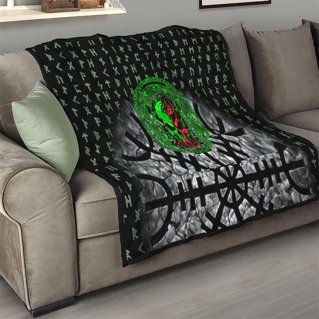 Flaming Skull Quilt with Green Runes and Norse Symbols Viking Warrior Tribute - Wonder Print Shop