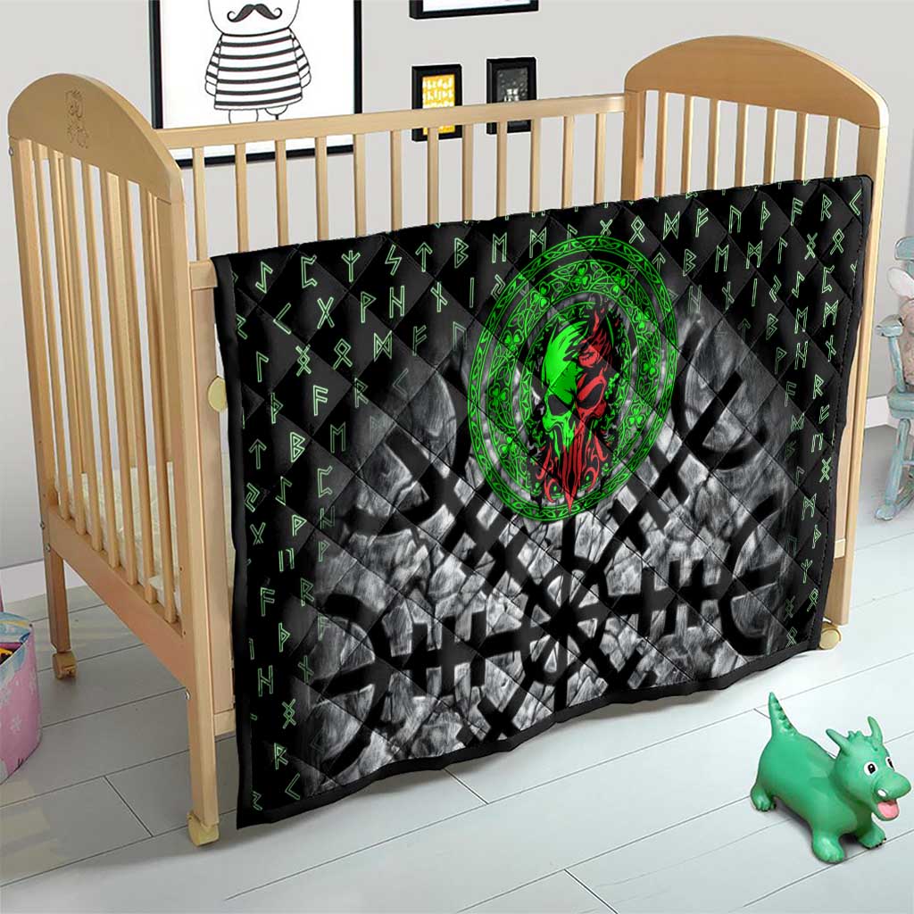 Flaming Skull Quilt with Green Runes and Norse Symbols Viking Warrior Tribute - Wonder Print Shop