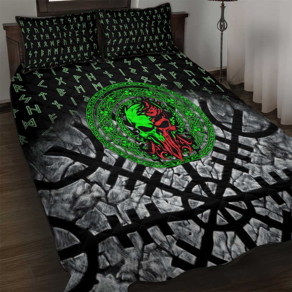 Flaming Skull Quilt Bed Set with Green Runes and Norse Symbols Viking Warrior Tribute - Wonder Print Shop