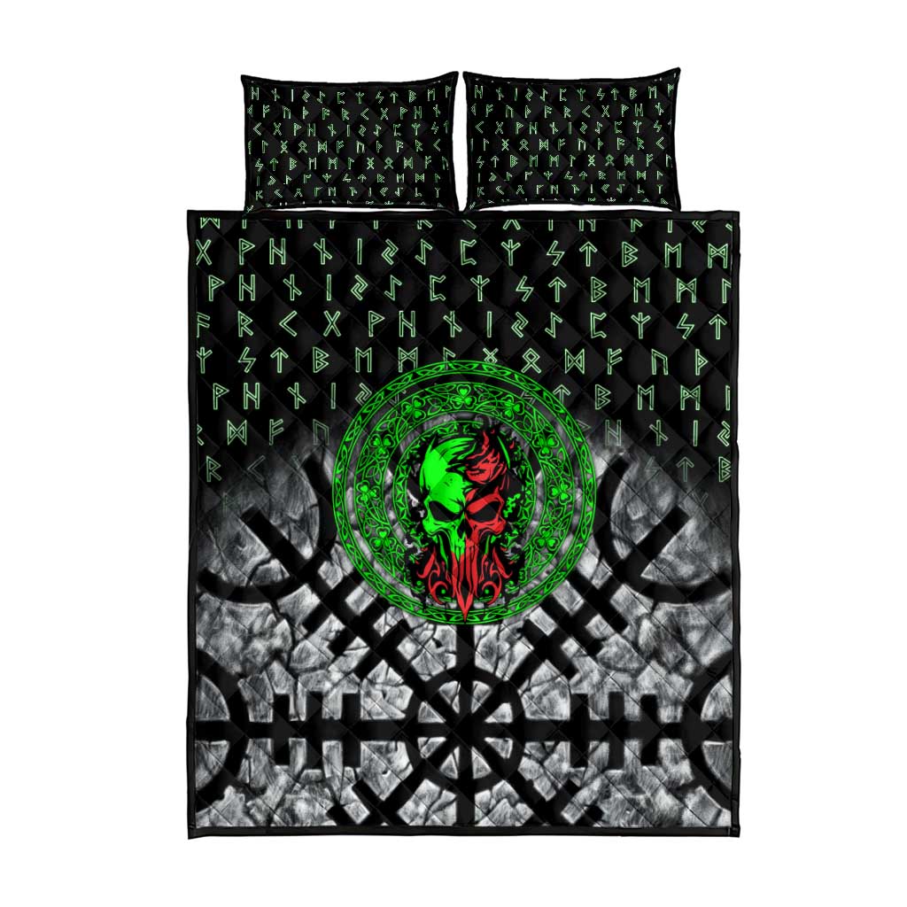 Flaming Skull Quilt Bed Set with Green Runes and Norse Symbols Viking Warrior Tribute - Wonder Print Shop