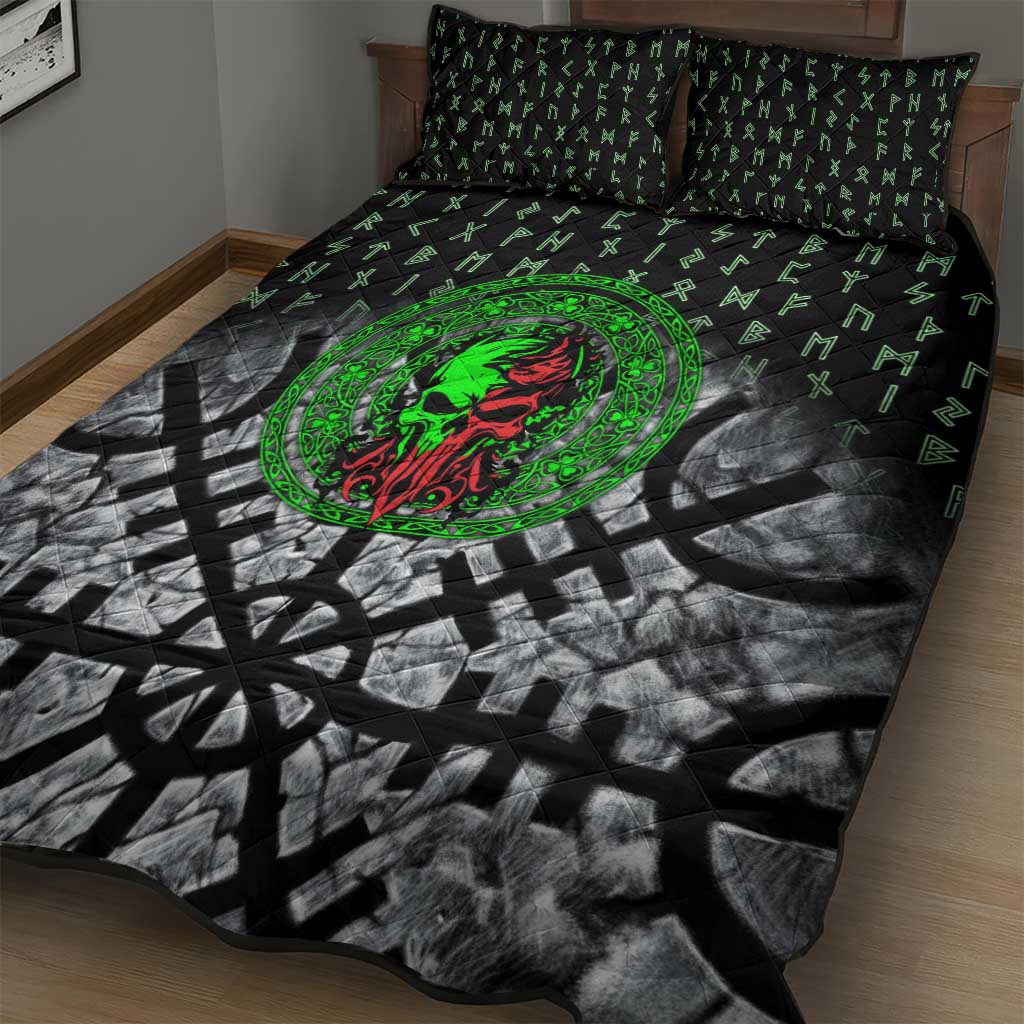 Flaming Skull Quilt Bed Set with Green Runes and Norse Symbols Viking Warrior Tribute - Wonder Print Shop