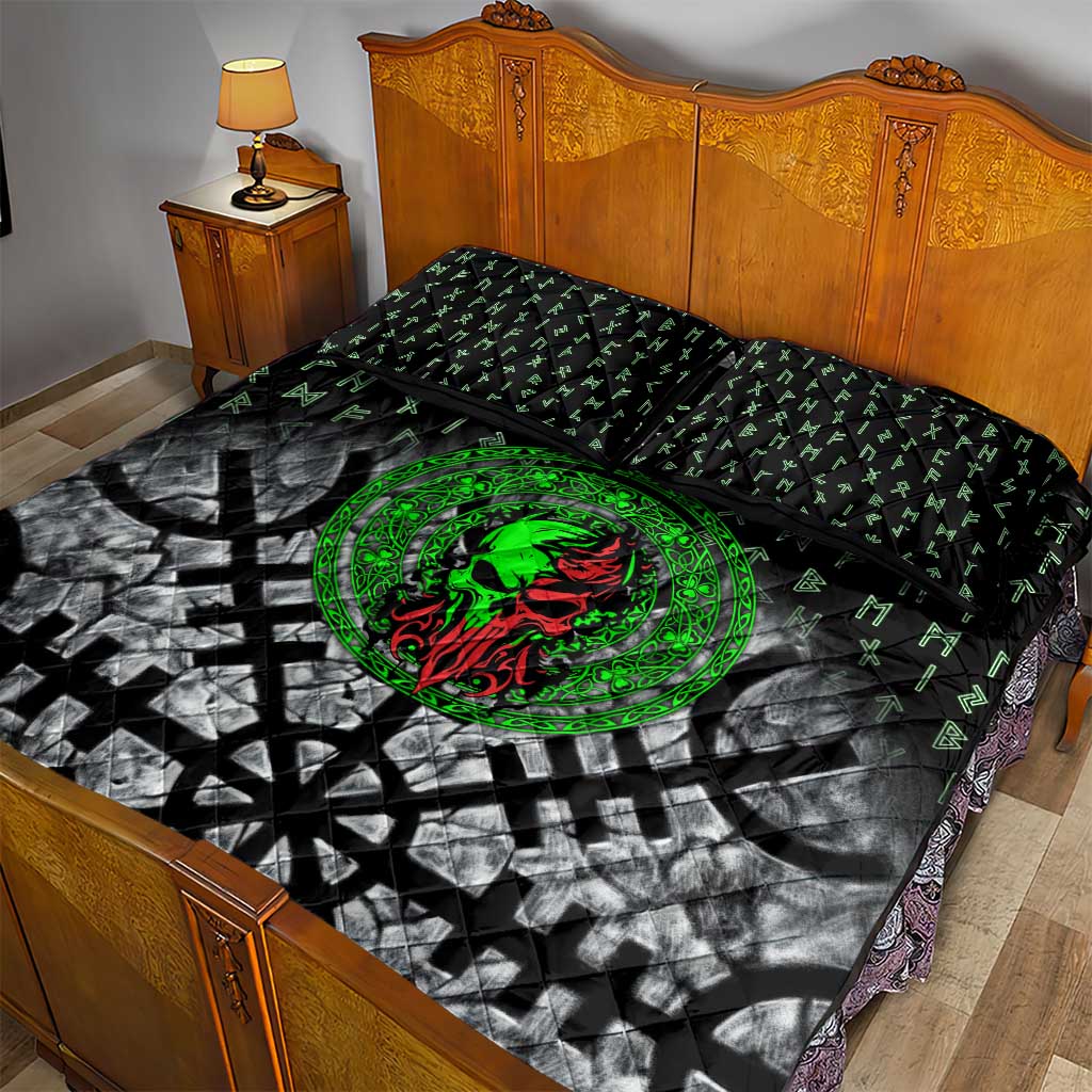 Flaming Skull Quilt Bed Set with Green Runes and Norse Symbols Viking Warrior Tribute - Wonder Print Shop
