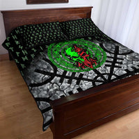 Flaming Skull Quilt Bed Set with Green Runes and Norse Symbols Viking Warrior Tribute - Wonder Print Shop