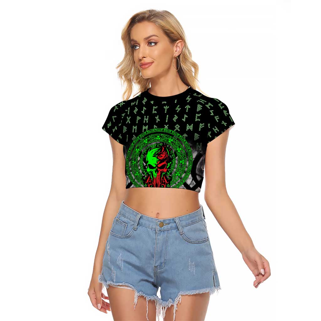 Flaming Skull Raglan Cropped T Shirt with Green Runes and Norse Symbols Viking Warrior Tribute - Wonder Print Shop