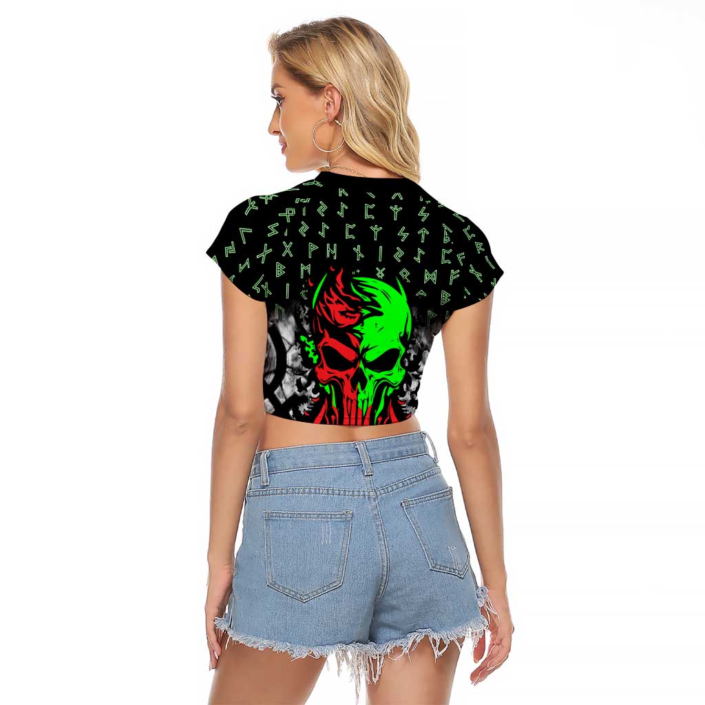 Flaming Skull Raglan Cropped T Shirt with Green Runes and Norse Symbols Viking Warrior Tribute - Wonder Print Shop