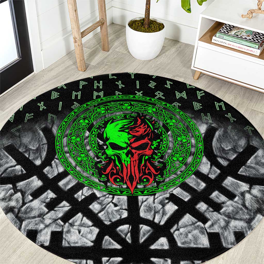 Flaming Skull Round Carpet with Green Runes and Norse Symbols Viking Warrior Tribute - Wonder Print Shop