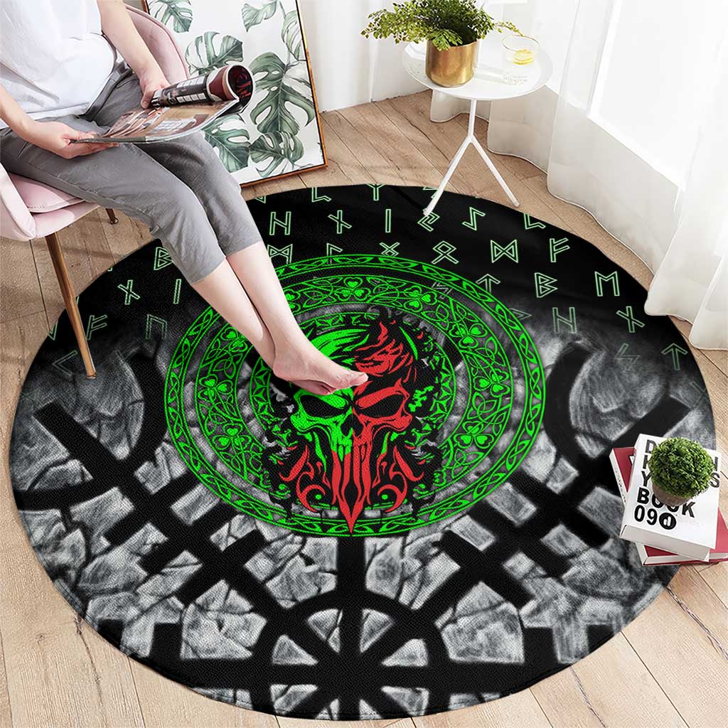 Flaming Skull Round Carpet with Green Runes and Norse Symbols Viking Warrior Tribute - Wonder Print Shop