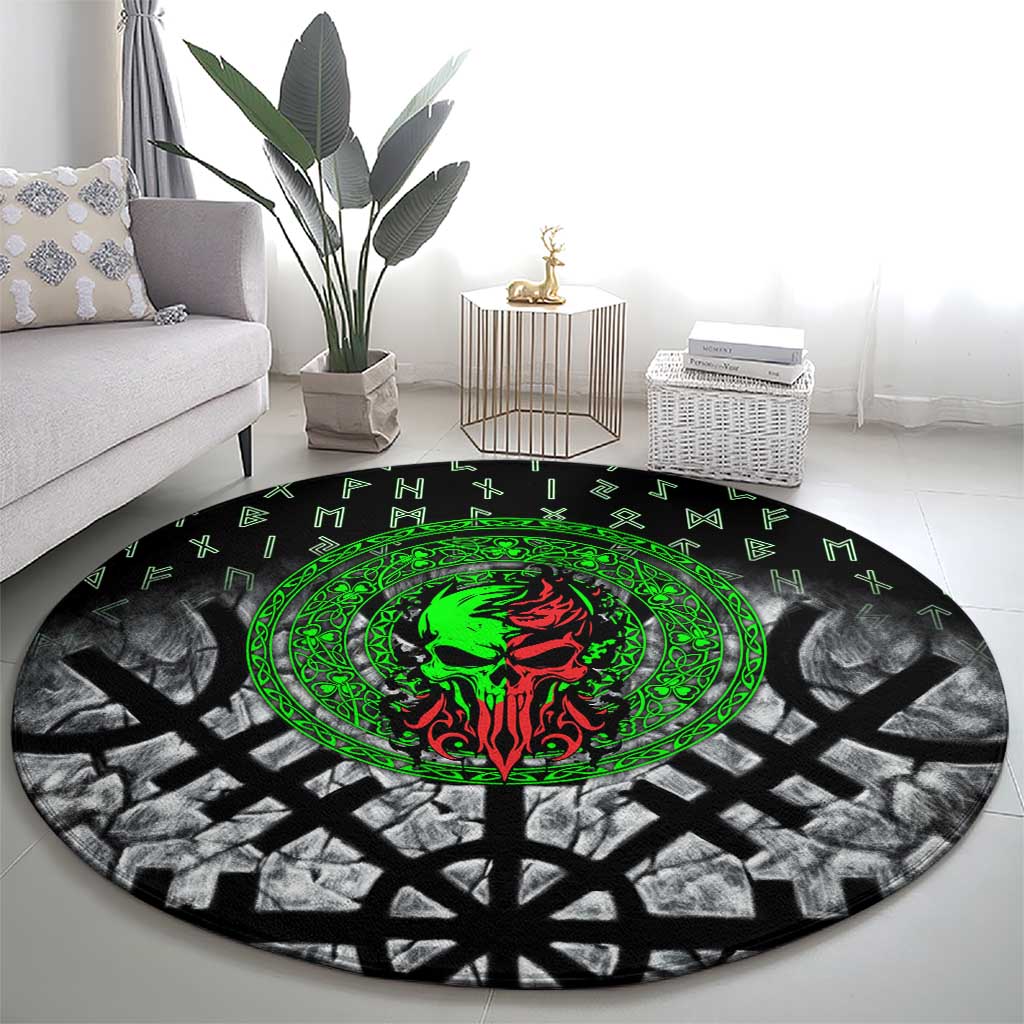Flaming Skull Round Carpet with Green Runes and Norse Symbols Viking Warrior Tribute - Wonder Print Shop