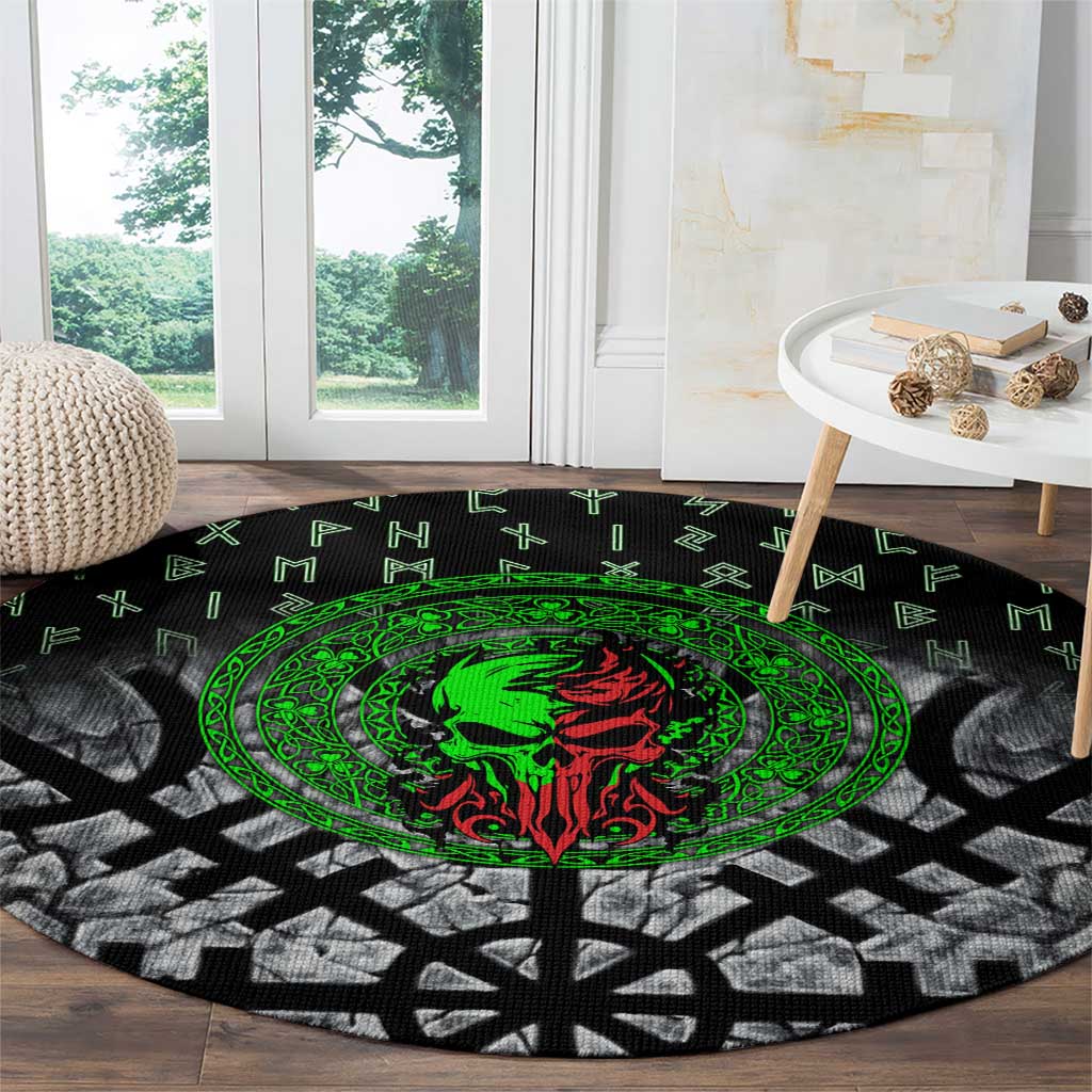 Flaming Skull Round Carpet with Green Runes and Norse Symbols Viking Warrior Tribute - Wonder Print Shop