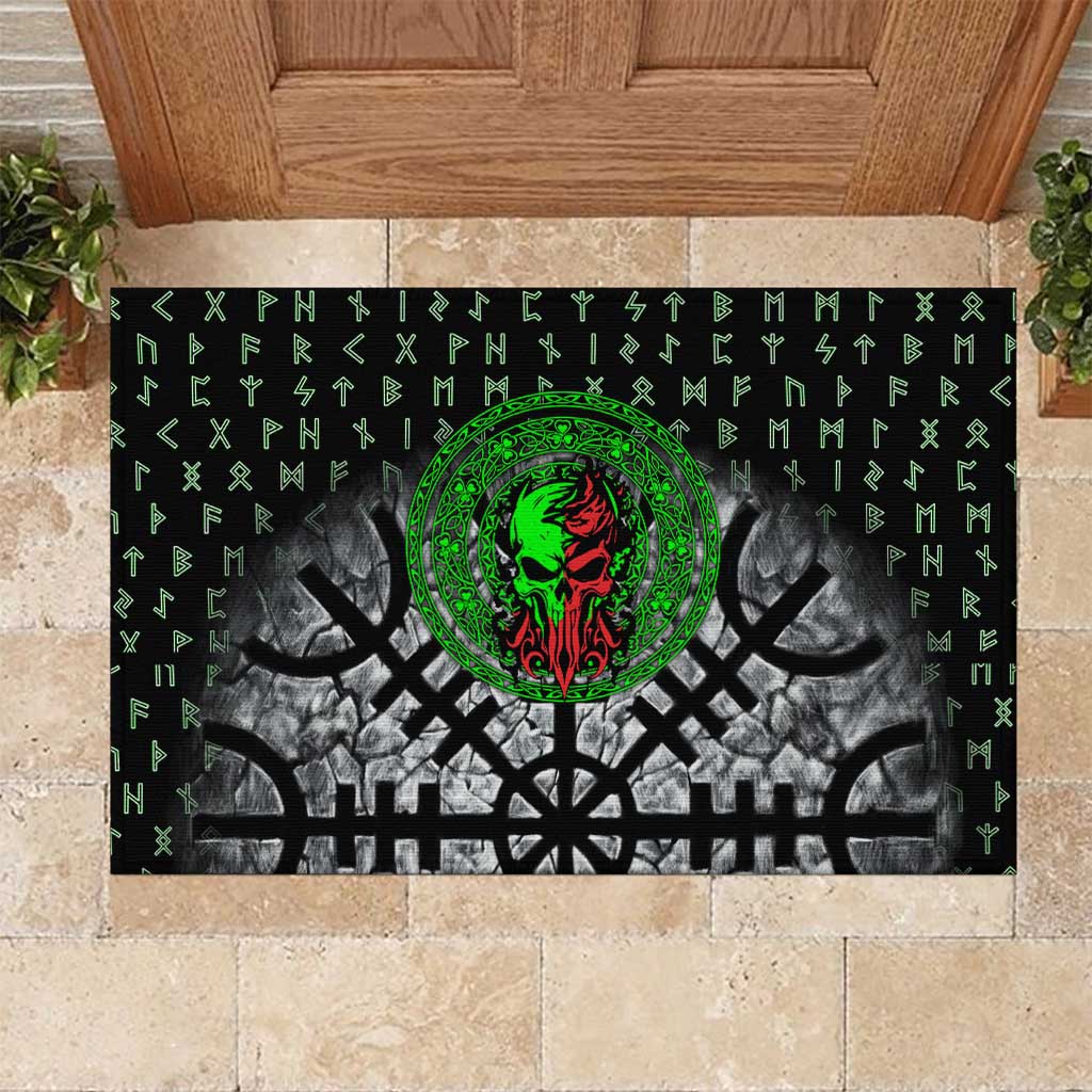 Flaming Skull Rubber Doormat with Green Runes and Norse Symbols Viking Warrior Tribute - Wonder Print Shop