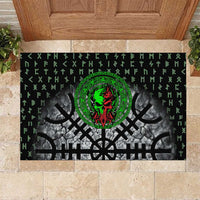Flaming Skull Rubber Doormat with Green Runes and Norse Symbols Viking Warrior Tribute - Wonder Print Shop