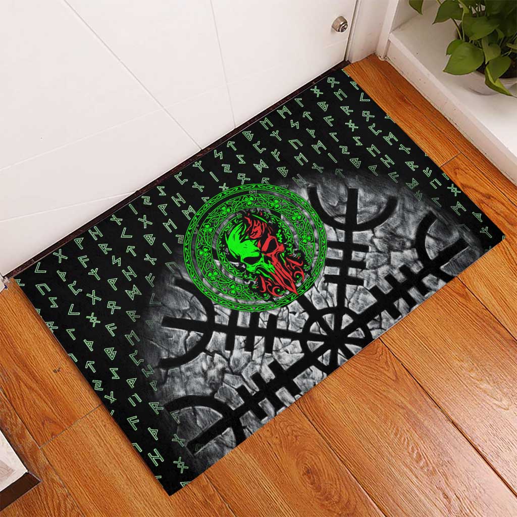 Flaming Skull Rubber Doormat with Green Runes and Norse Symbols Viking Warrior Tribute - Wonder Print Shop