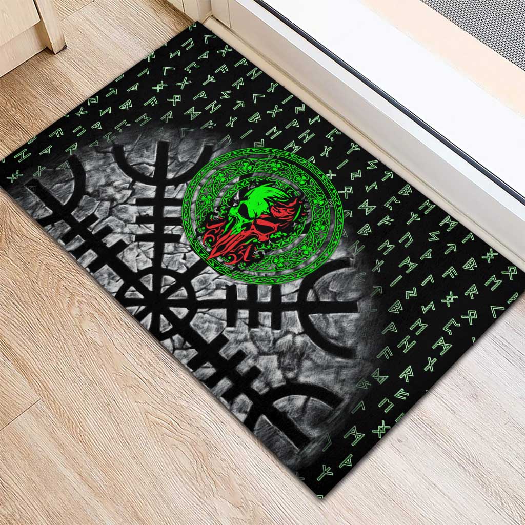 Flaming Skull Rubber Doormat with Green Runes and Norse Symbols Viking Warrior Tribute - Wonder Print Shop