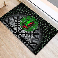 Flaming Skull Rubber Doormat with Green Runes and Norse Symbols Viking Warrior Tribute - Wonder Print Shop