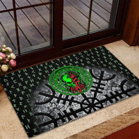Flaming Skull Rubber Doormat with Green Runes and Norse Symbols Viking Warrior Tribute - Wonder Print Shop
