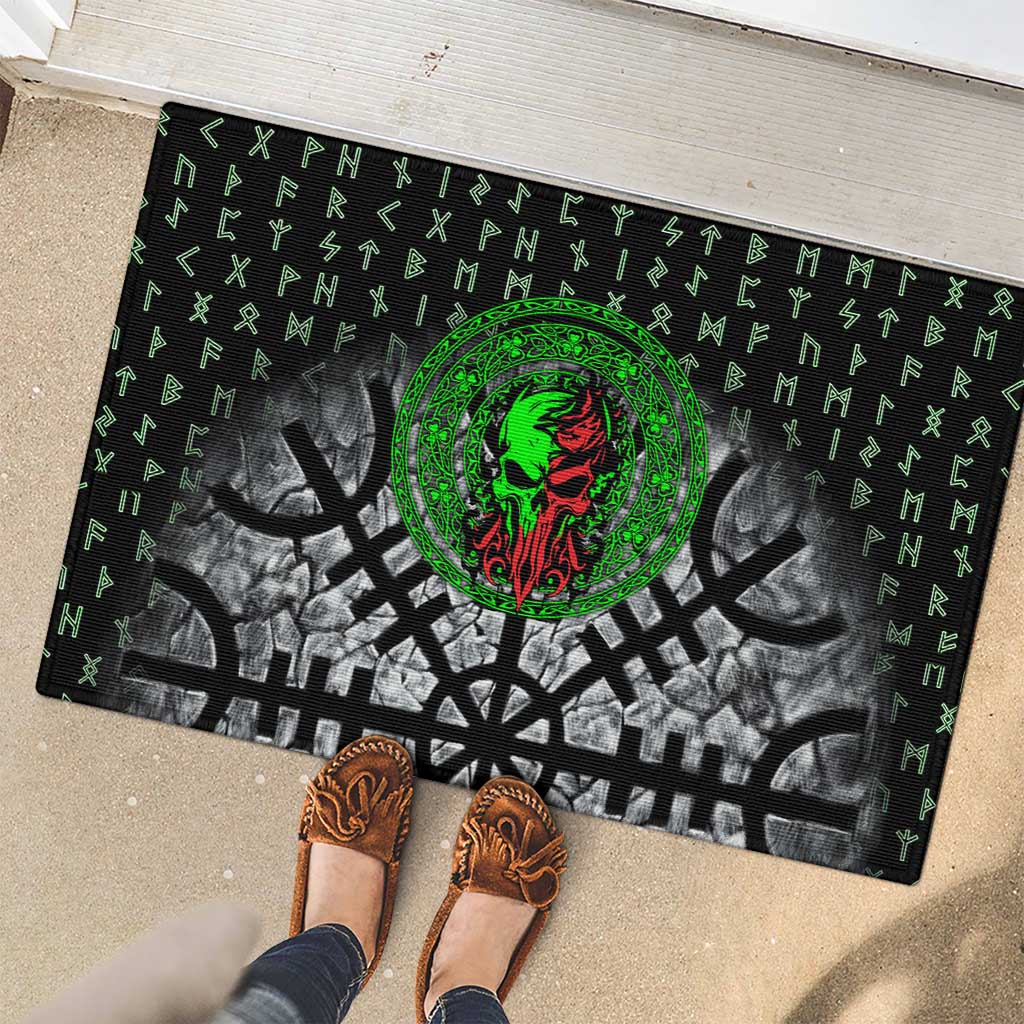 Flaming Skull Rubber Doormat with Green Runes and Norse Symbols Viking Warrior Tribute - Wonder Print Shop