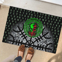 Flaming Skull Rubber Doormat with Green Runes and Norse Symbols Viking Warrior Tribute - Wonder Print Shop