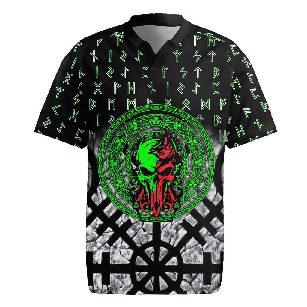 Flaming Skull Rugby Jersey with Green Runes and Norse Symbols Viking Warrior Tribute - Wonder Print Shop