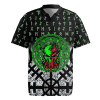 Flaming Skull Rugby Jersey with Green Runes and Norse Symbols Viking Warrior Tribute - Wonder Print Shop