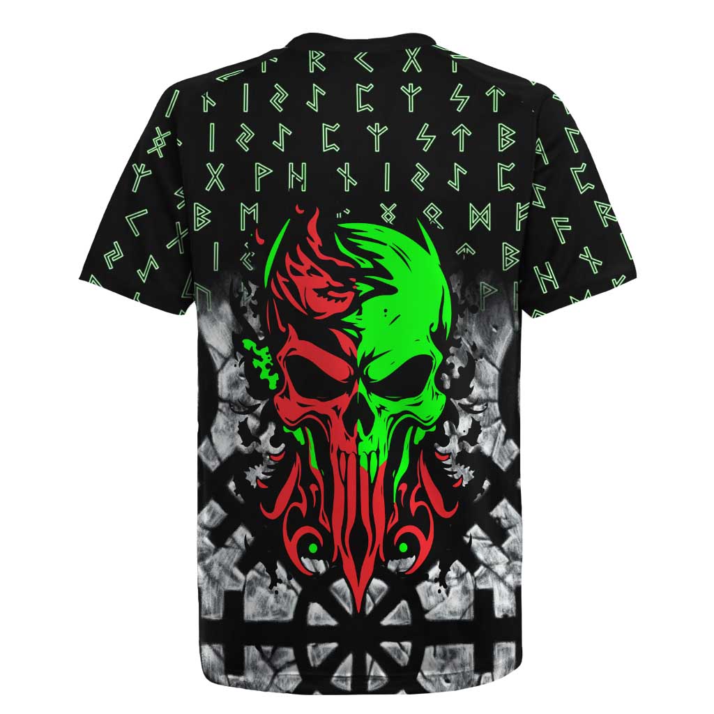 Flaming Skull Rugby Jersey with Green Runes and Norse Symbols Viking Warrior Tribute - Wonder Print Shop